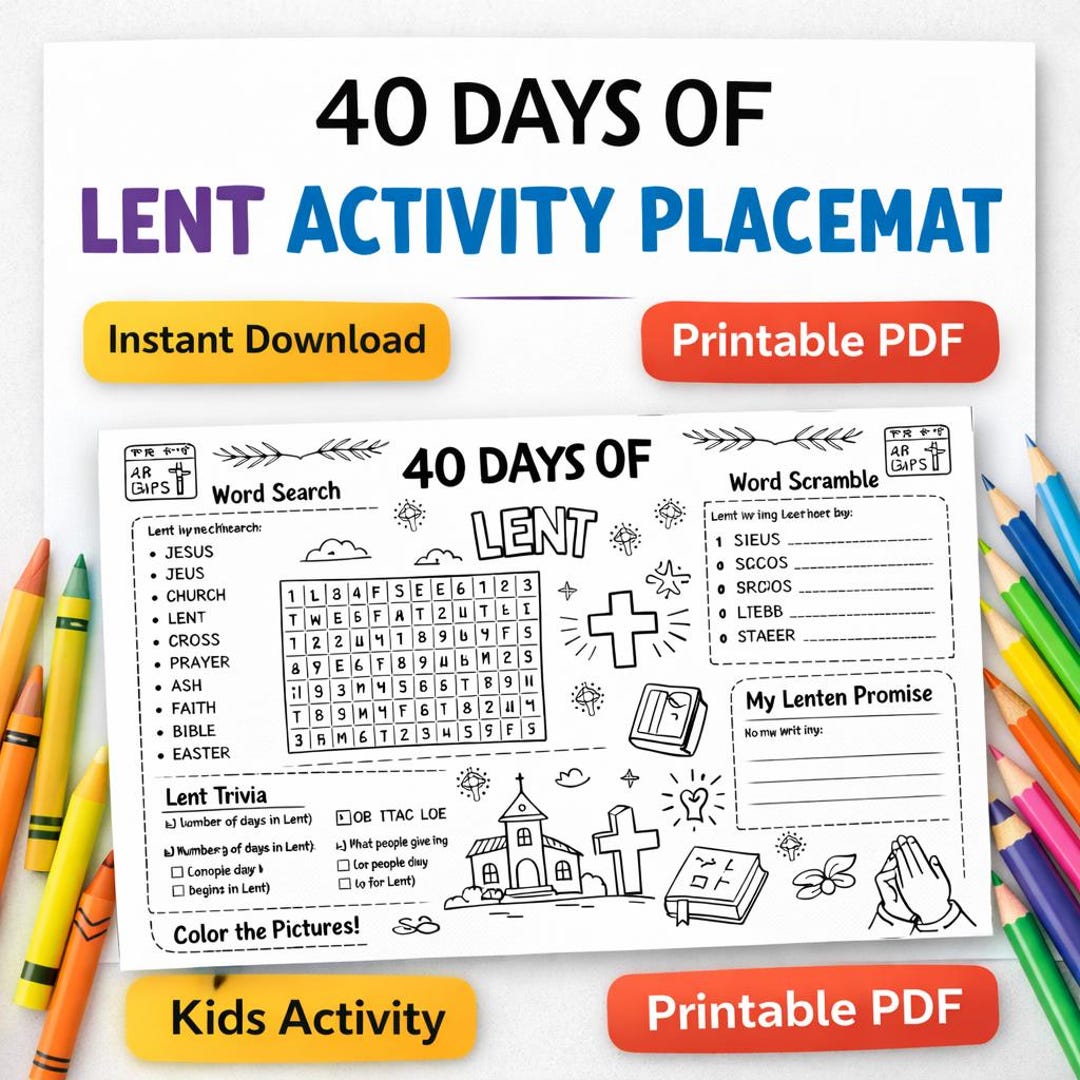 Lent Activity Placemat Printable for Kids | 40 Days of Lent Worksheet ...
