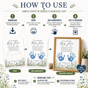 May include: A step-by-step guide for creating a heartfelt gift. The guide includes instructions for downloading, printing, adding handprints, and gifting. The final product is a framed print with blue handprints and the text "Tiny Hands, Big Love."