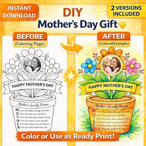 Dia de la Madre Craft Printable | Mother’s Day Flower Pot Coloring Page | Kids DIY Gift | Before & After Coloring Sheet | Instant Download
