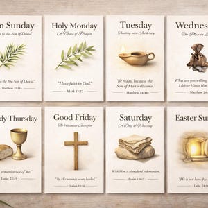 Könnte beinhalten: Set mit acht Karten mit Aquarellillustrationen, die die Tage der Karwoche darstellen. Jede Karte enthält einen Titel, ein relevantes Bild und einen Bibelvers. Die Karten umfassen Palmsonntag, Montag der Karwoche, Dienstag, Mittwoch, Gründonnerstag, Karfreitag, Samstag und Ostersonntag.