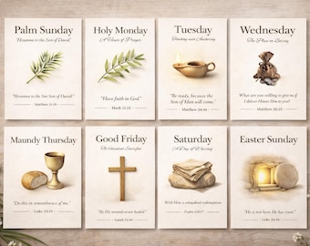 Christian Holy Week Printable Scripture Cards Set, Palm Sunday to Easter Sunday Bible Verse Cards, Christian Wall Art, Instant Download