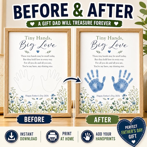 Father’s Day Handprint Gift Printable, Tiny Hands Big Love, Kids Handprint Craft, DIY Dad Gift, Instant Download Wall Art
