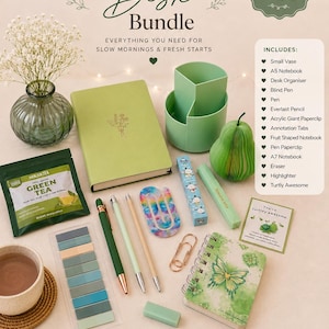 Peut inclure: Le Sunday Desk Bundle comprend un petit vase, un carnet A5, un organiseur de bureau, des stylos, etc. L'ensemble présente un code couleur vert avec un sachet de thé, une tasse de thé et un petit carnet avec un motif de papillon. Parfait pour offrir.