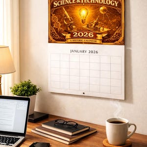 May include: A 2026 wall calendar titled "The Year in Science & Technology" hangs above a desk. The calendar features a detailed illustration with scientific imagery. A laptop, books, coffee, and a notepad are on the desk.