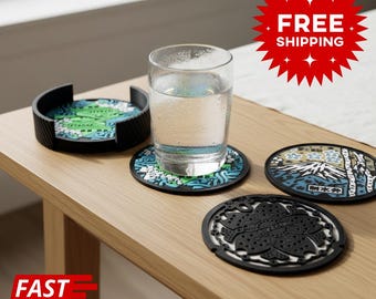 Japanese Manhole Cover Coasters Set of 6 with Holder | 3D Printed Yokohama, Osaka, Fuji Designs Choices | Japan Lover Gift