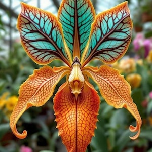 May include: A close-up of an exotic orchid flower with vibrant colors. The petals are a mix of orange and teal, with intricate vein patterns. The flower's center is a creamy yellow, and the overall shape is symmetrical and detailed.