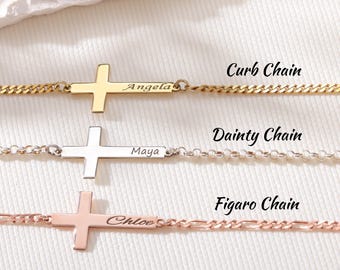 Sierlijke kruisnaamarmband 14K gouden kruisarmband gepersonaliseerde kruisarmband voor vrouwen Doopcadeau meisje eerste communiecadeau voor kinderen