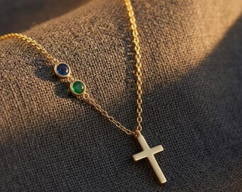 18k Gold Birthstone Cross Necklace: Personalized Family Necklace for Mom and Grandma, Baptism Gift,Confirmation Gift,Gift for Mom