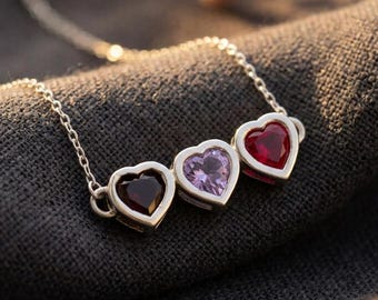 Geboortesteen hartketting van 925 sterling zilver, gepersonaliseerde hartvormige geboortesteenketting, familie geboortesteensieraad, cadeau voor mama en oma