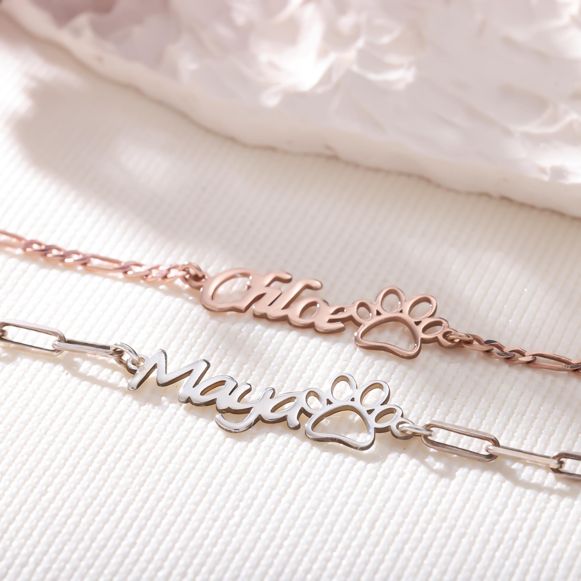 Personalized Paw Print Name Bracelet, Sterling Silver Pet Memorial, Dainty Gift for Mom, Paw Print Jewelry, Gift for Dog Mom, Pet Lover Gift