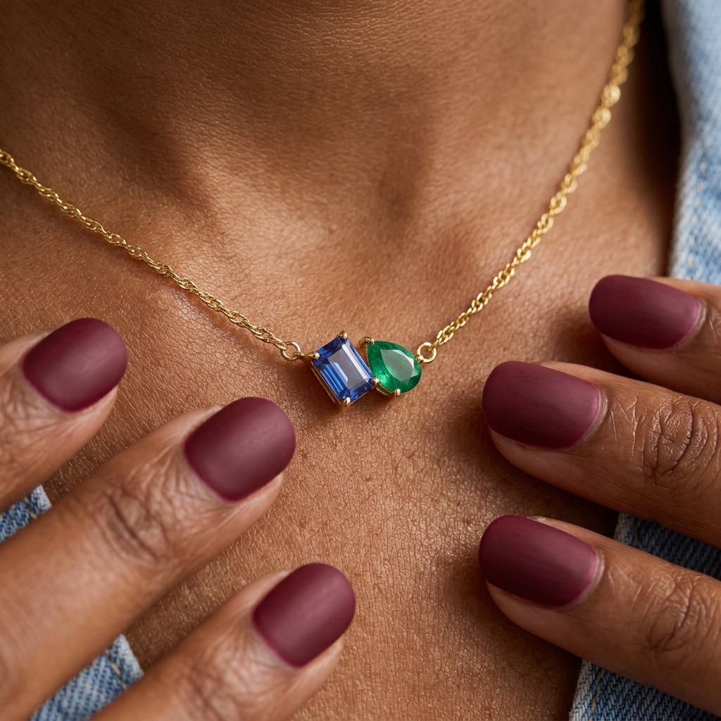 Toi et Moi Gemstone Necklace, Emerald & Pear Cut Birthstone Necklace, Personalized Mothers Day Gift, Anniversary Gift, Gift for Mom,Nana