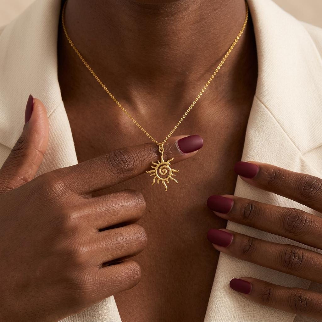18K Gold Sun Necklace: Spiral Pendant, Sunburst Necklace, Celestial Necklace, Minimalist Summer Jewelry, Everyday Necklace, Gift for Her