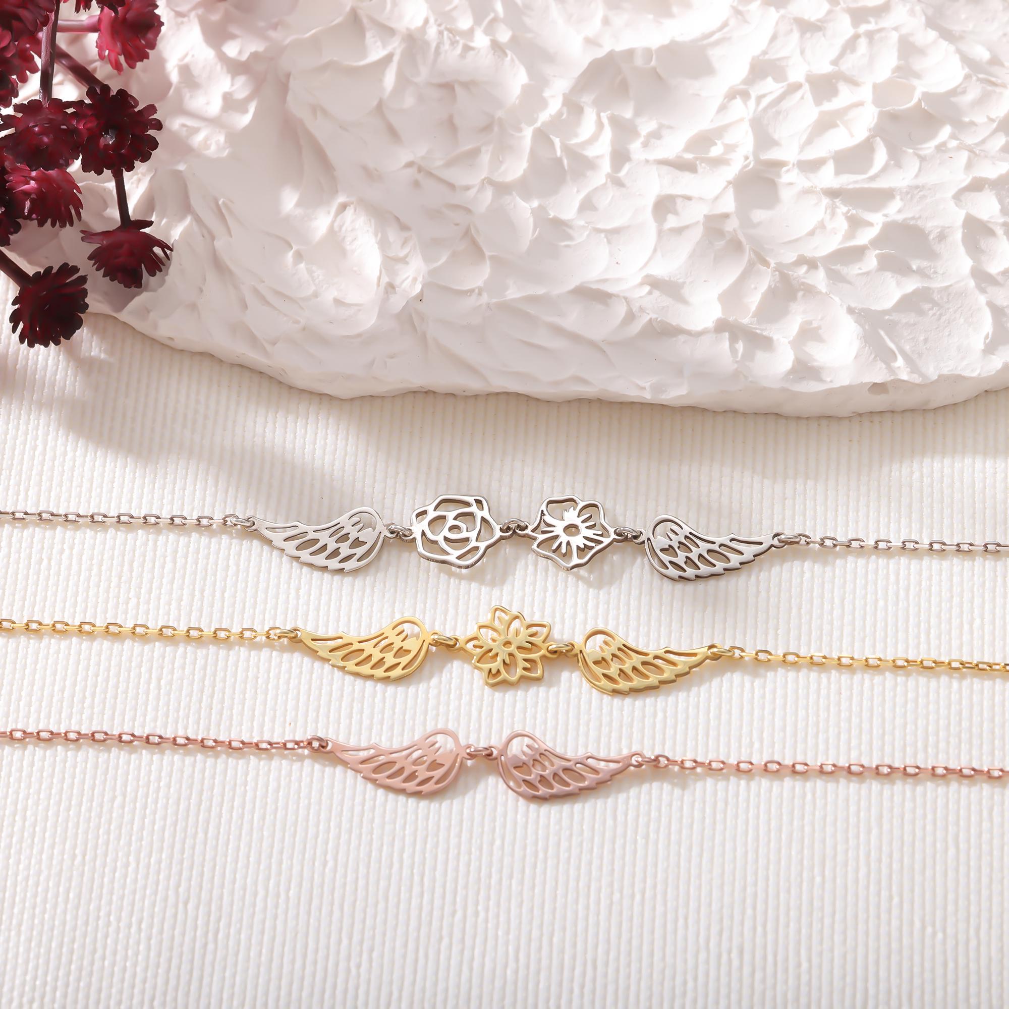 Angel Wings Bracelet Gold with Birth flower Dainty Angel Wing Flower Bracelet Sterling Silver Guardian Angel Bracelet Gift for Mothers day