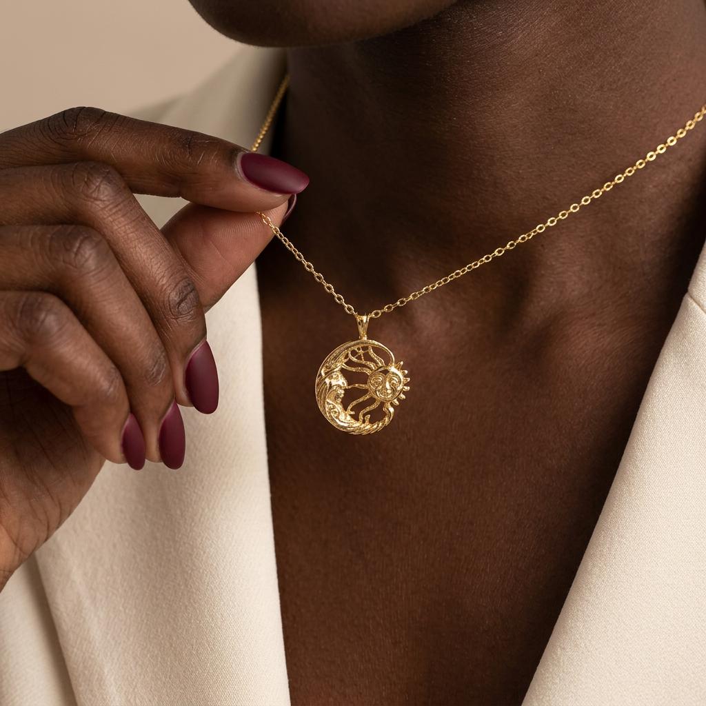 Moon and Sun Necklace, Celestial Face Necklace, Gold Sun Moon Pendant, Zodiac Jewelry, Everyday Necklace, Gift for Her Women