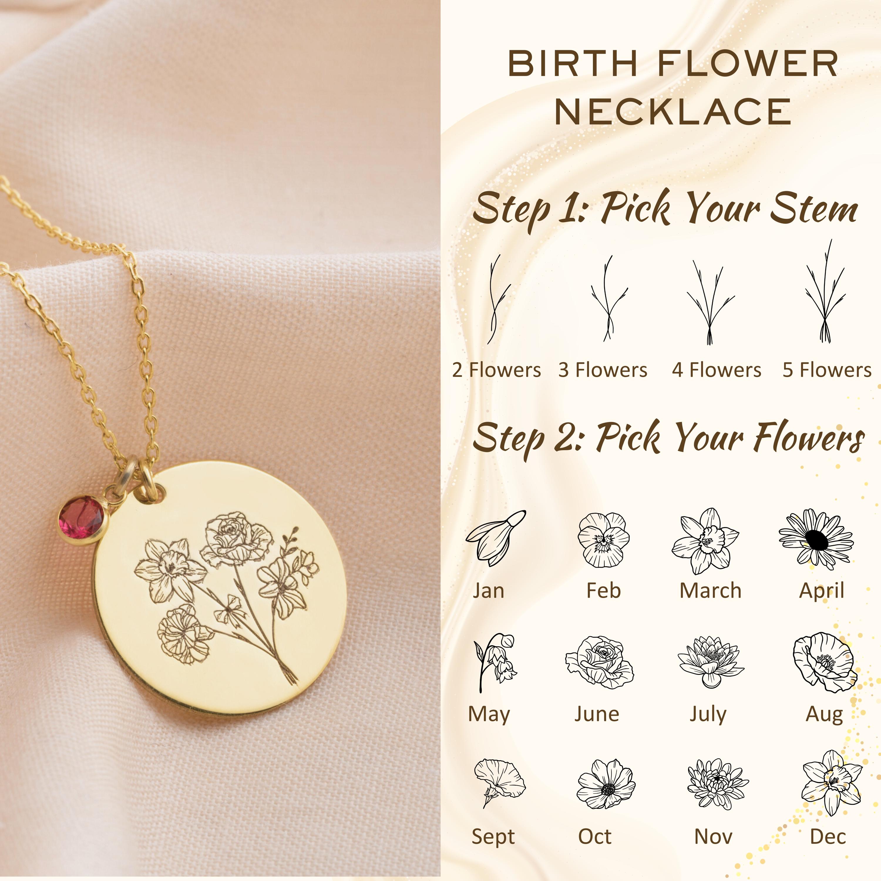 Engraved Family Birth Flower Necklace, Personalized Birth Flower Bouquet Necklace, Mother's Day Gifts, Dainty Gift For Mum, Nana Gifts