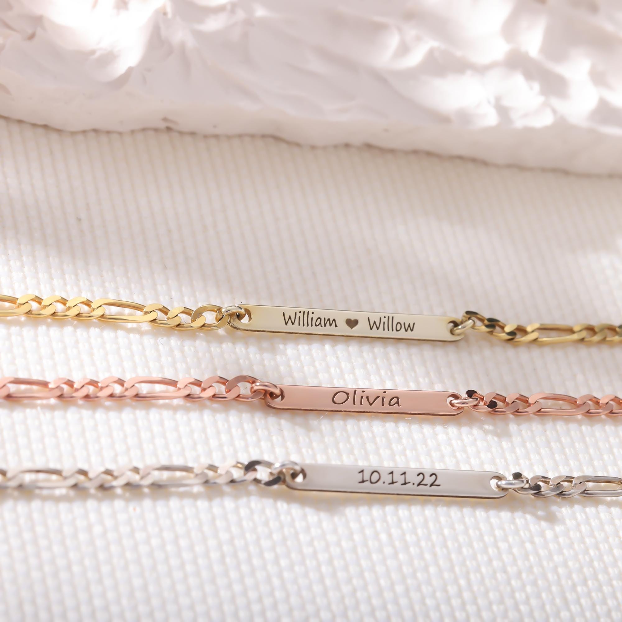 Custom Sterling Silver Mini Engraved Bar Bracelet with Figaro Chain,Personalized keepsake,Dainty Bracelet, Mother’s Day Gift for Mom,Grandma