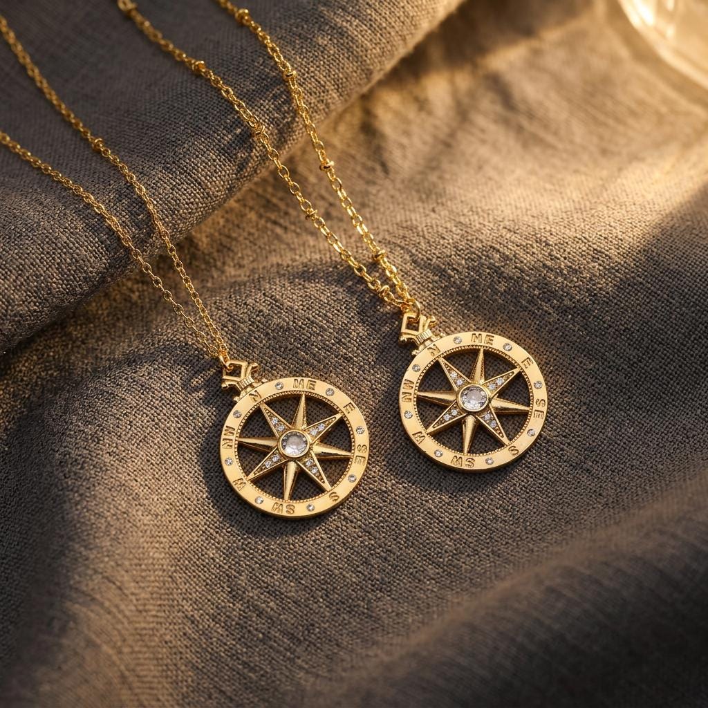 Compass Pendant Necklace, North Star Compass Necklace for Women, Gold Plated Coin Pendant Jewelry, Minimal Everyday Travel Gift for Her