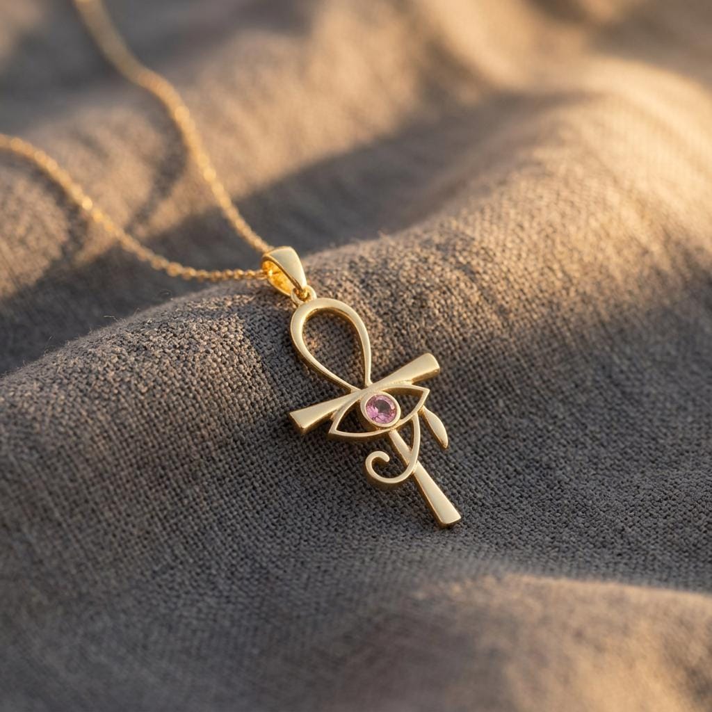 Eye of Ra Necklace with Birthstone, Sterling Silver Ankh Cross Pendant, Egyptian Protection Jewelry, Spiritual Gift for Women, Mom,Nana