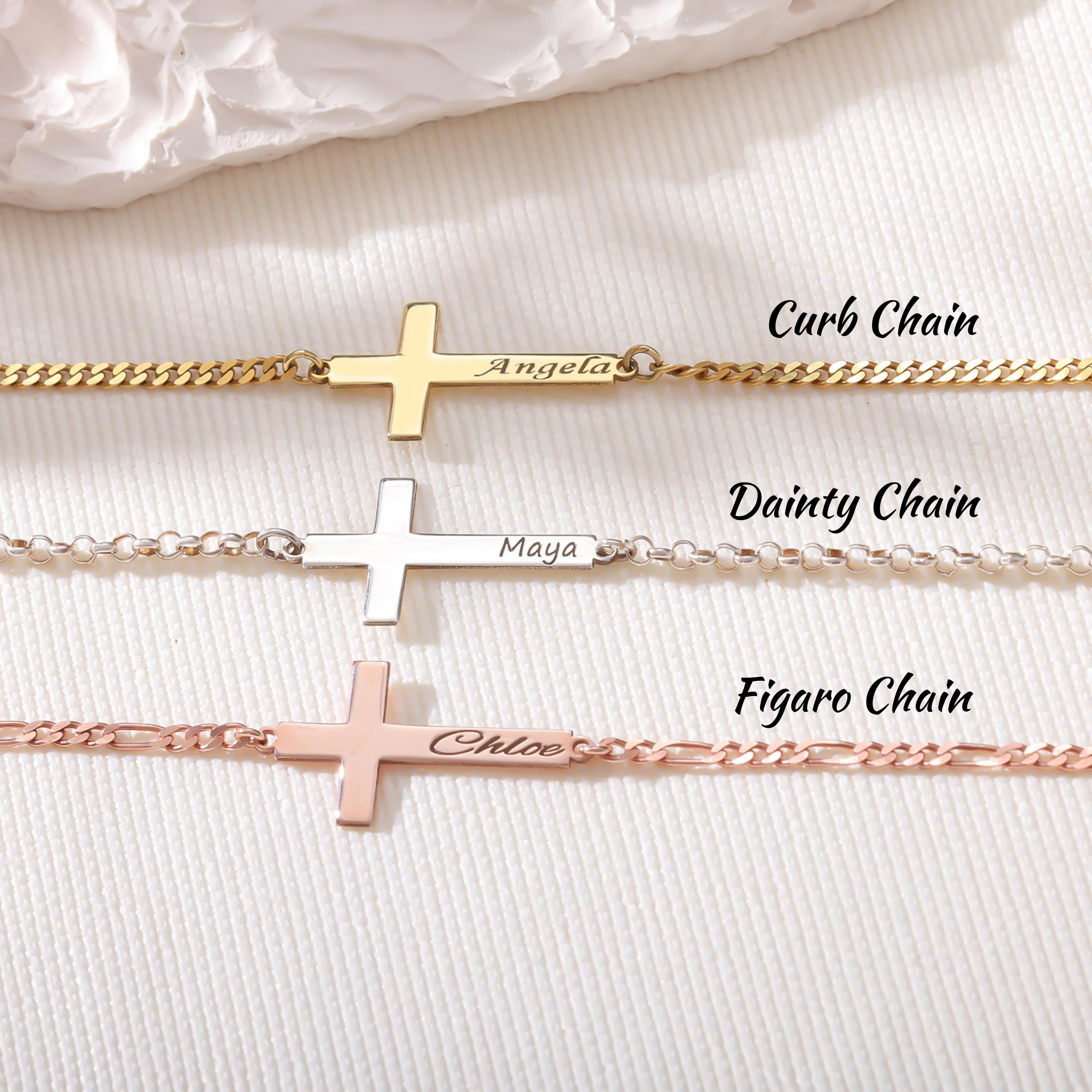 Dainty Cross Name Bracelet 14K Gold Cross Bracelet Personalized Cross Bracelet for Women Baptism Gift Girl First Communion Gift for Kids