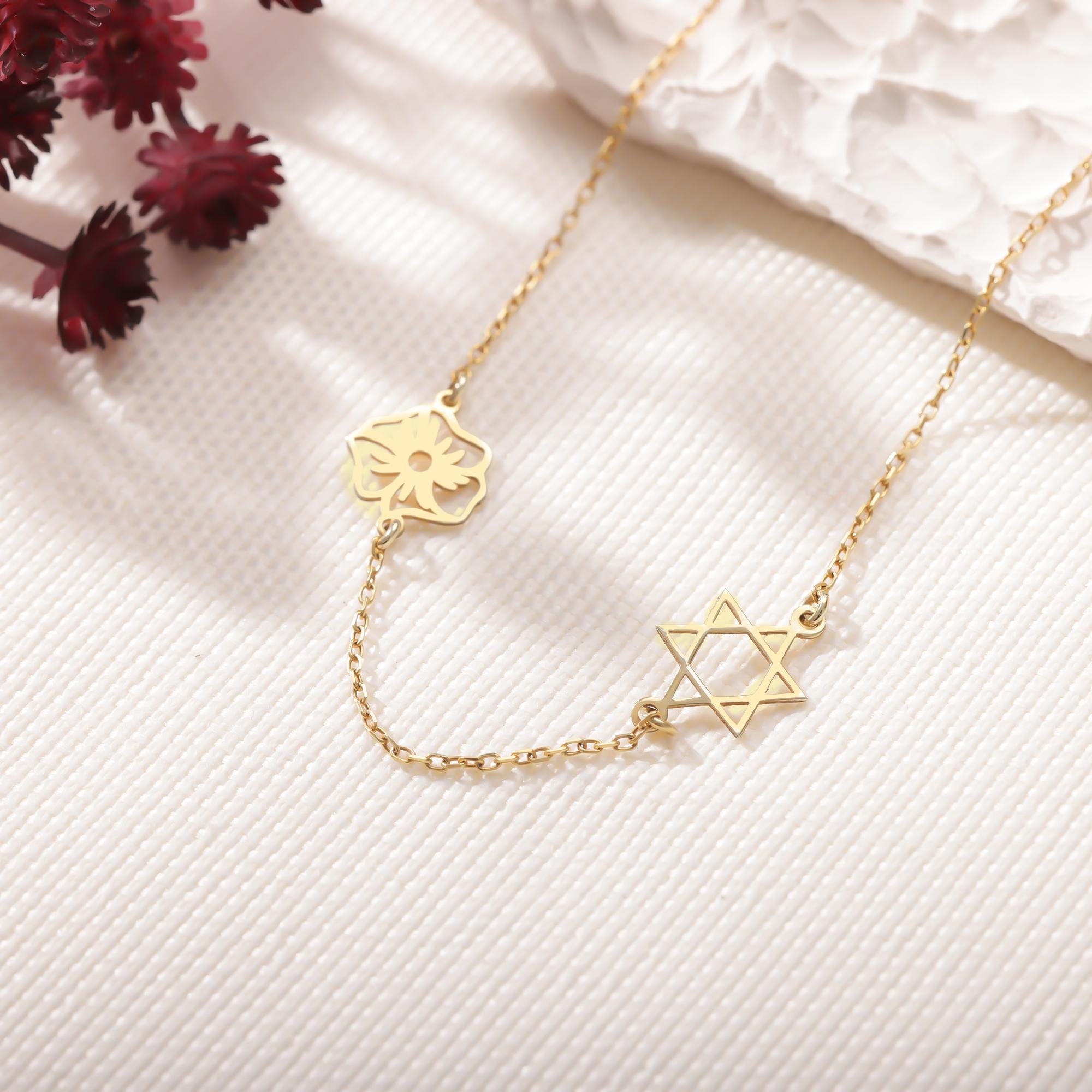 Personalized Star of David Birth Flower Necklace: Jewish Jewelry, Magen David Jewelry, Custom Sterling Silver Religious Gifts for Mum