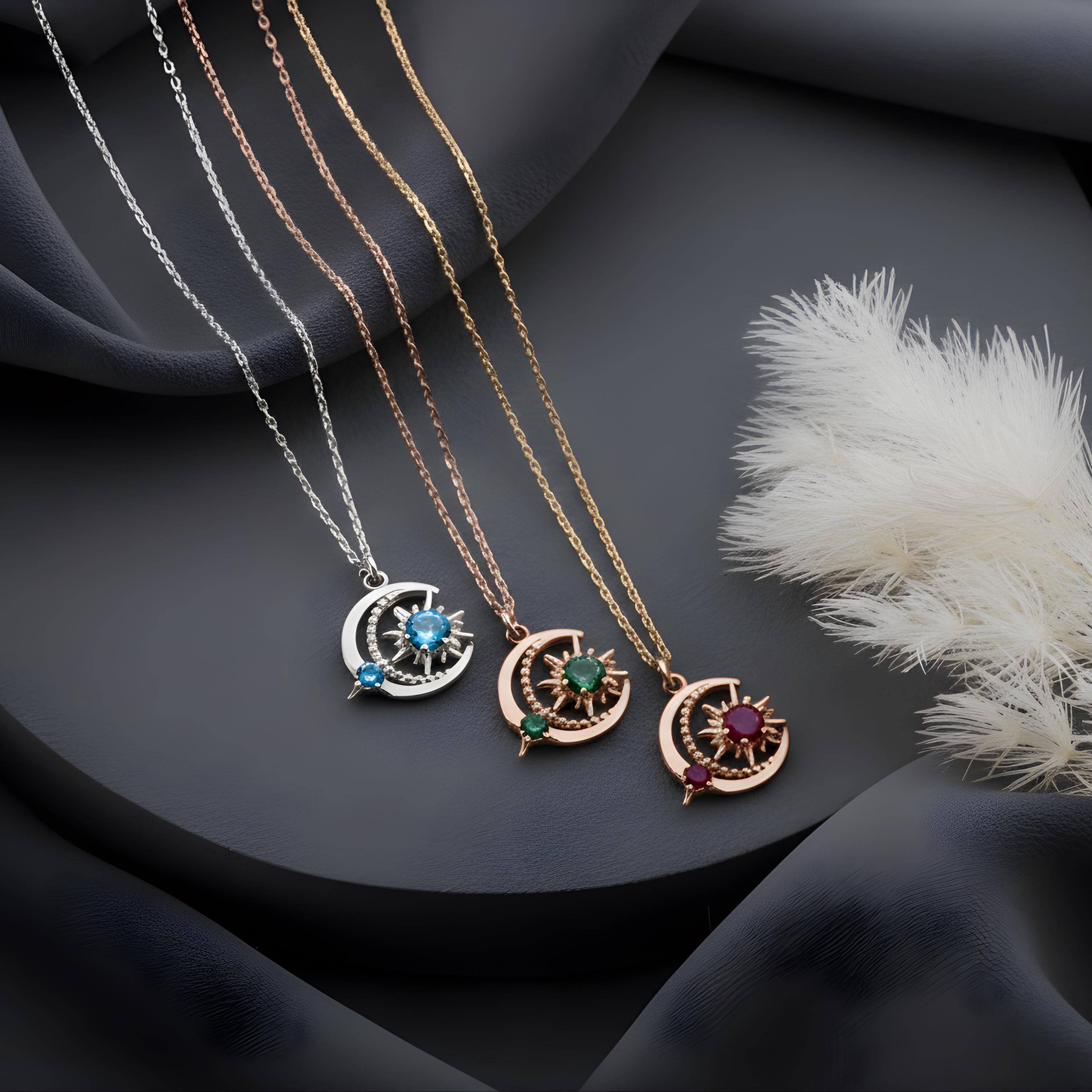 Sun And Moon Necklace With Birthstone Moon And Sun Necklace  Birthstone Necklace With Sun And Moon Jewelry Birthstone Gift for Mom,Grandma