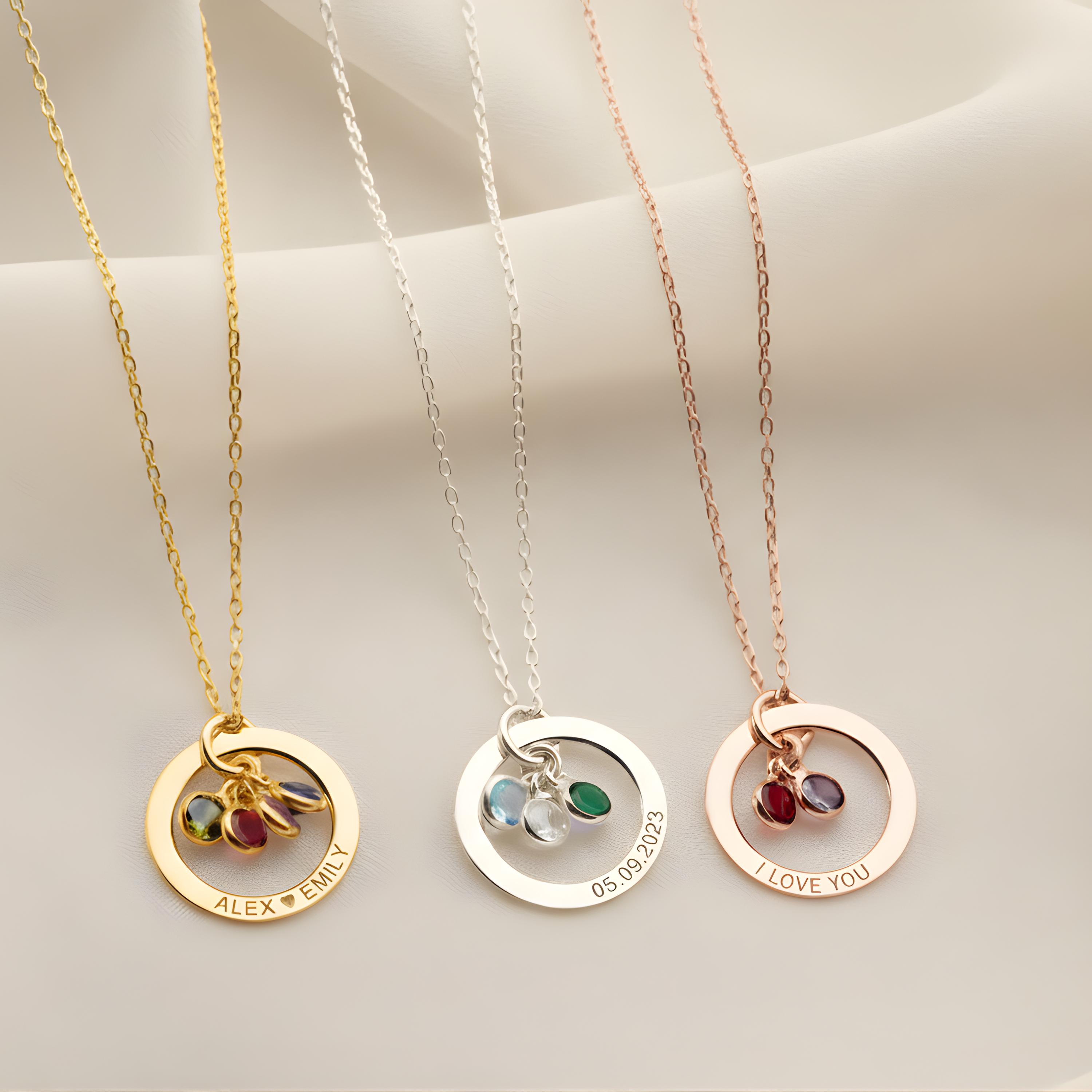 Circle Necklace with Birthstone, Personalized Engraved Birthstone Necklace, Family Birthstone Jewelry, Custom Name Necklace,Mothers Day Gift