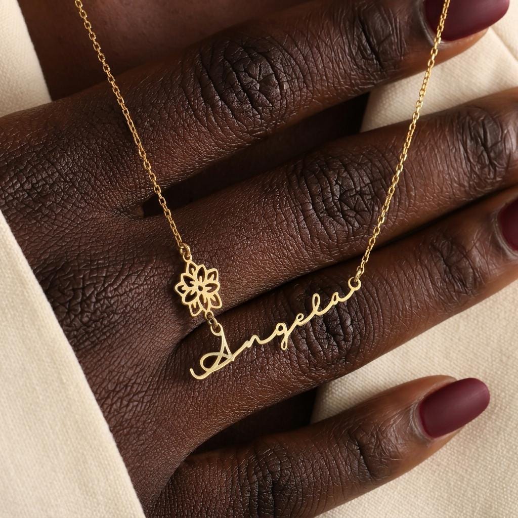 Birth Flower Name Necklace, Custom Gold Name Necklace, Personalized Floral Jewelry, Sentimental Gift for Mom Best Friend Women