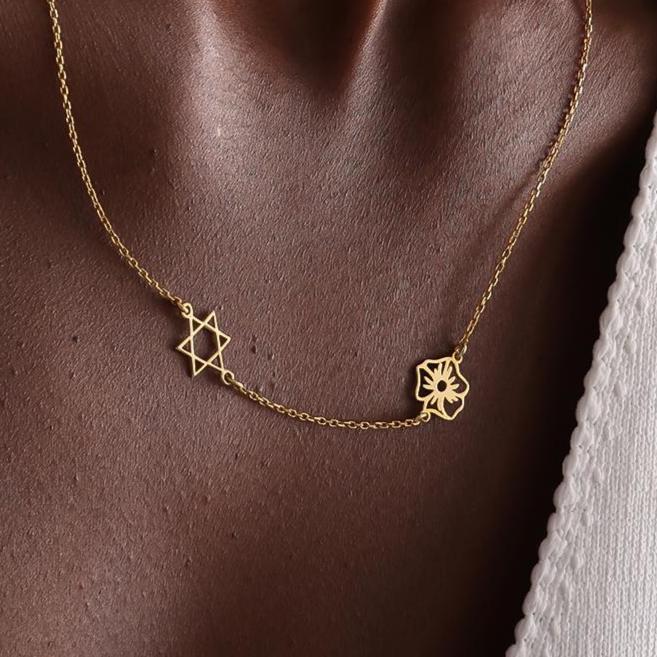Star of David Necklace with Birthstone & Birth Flower, Sterling Silver Magen David Necklace, Jewish Star Pendant, Minimalist Religious Gift