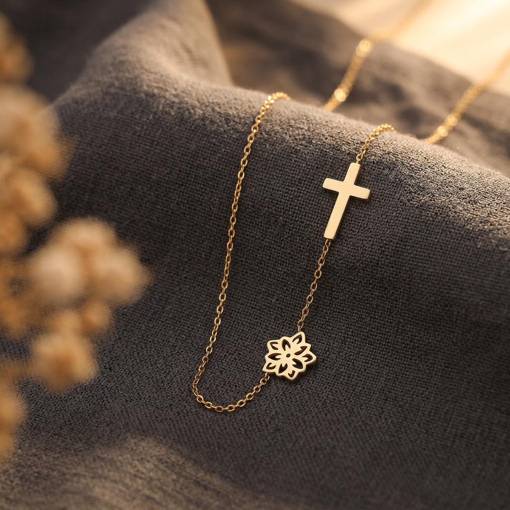 Sideways Cross Necklace with Birth Flower, Personalised Birthstone Cross Jewellery, Christian Gift, Communion Gift,Confirmation Gift for Mum