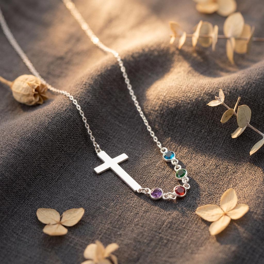 Birthstone Cross Necklace, Customized Birthstone Necklace, Baptism Cross Pendant, Personalized Birthstone Christ Pendant Gift for Mum Nana