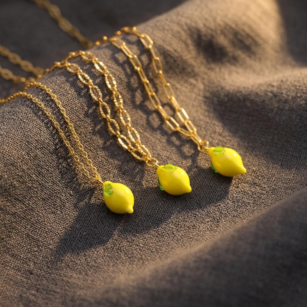 Handmade Lemon Necklace, Murano Glass Fruit Pendant for Women, Cute Lampwork Jewelry, Everyday Summer Gift Necklace for Her
