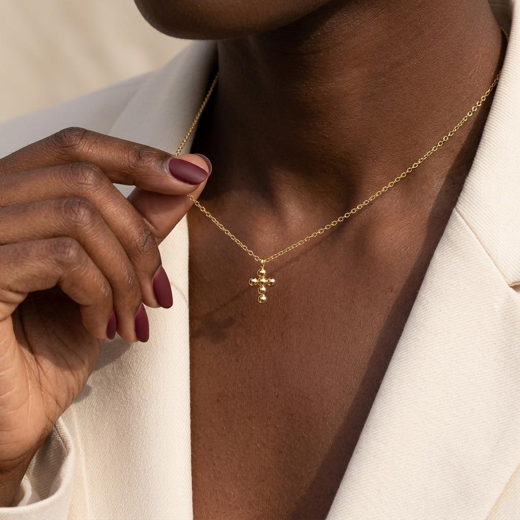 Gold Puff Cross Necklace, Tiny Cross Necklace, Dainty Religious Necklace, Minimalist Baptism Jewelry, Christian Gift for Her Women