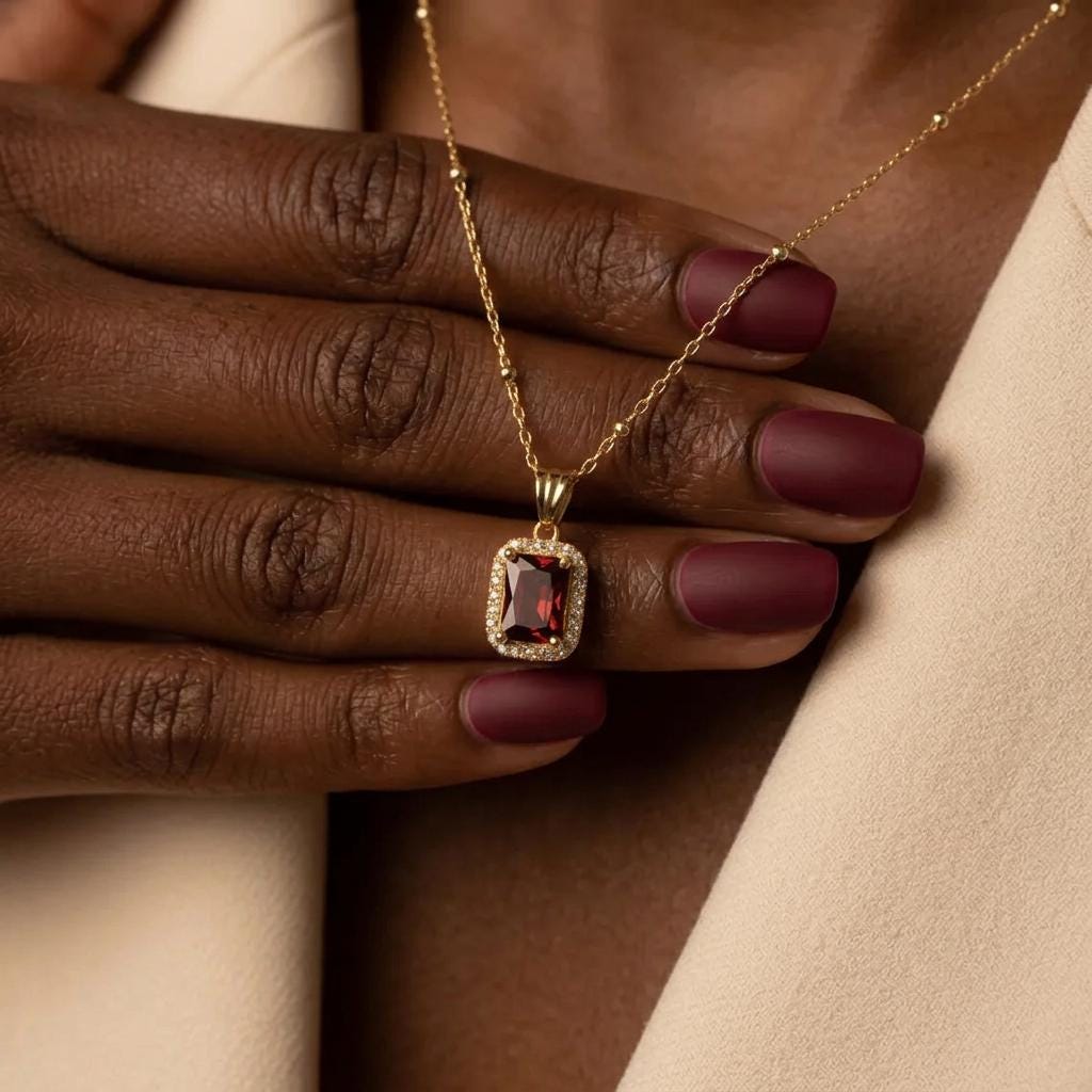 14k Gold Garnet Necklace, Square Cut Red Gemstone Pendant, January Birthstone Jewelry, Minimalist Dainty Mothers Day Gift for Mom, Grandma