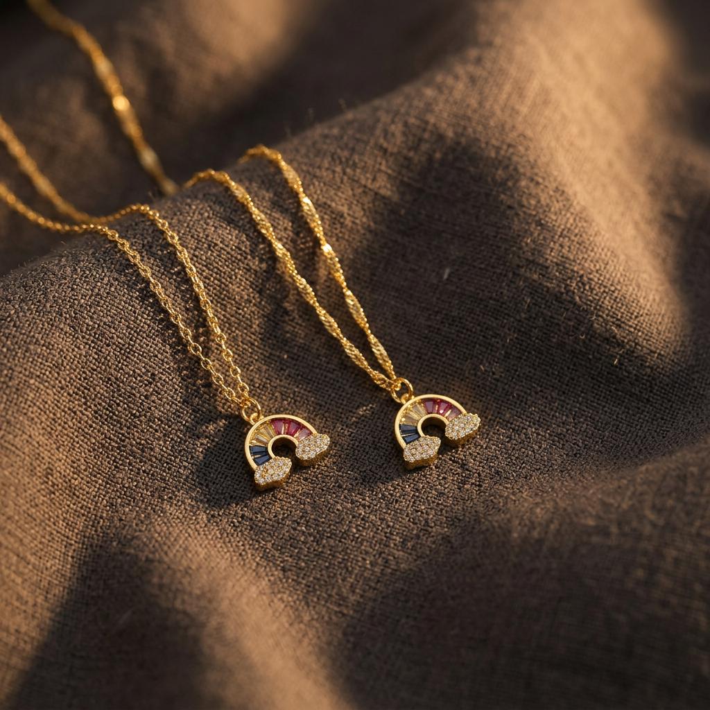 Rainbow Gold Necklace, 18k Gold Minimalist Design, Simple Design, Dainty Pave Rainbow Pendant Necklace, Gift for Her Women