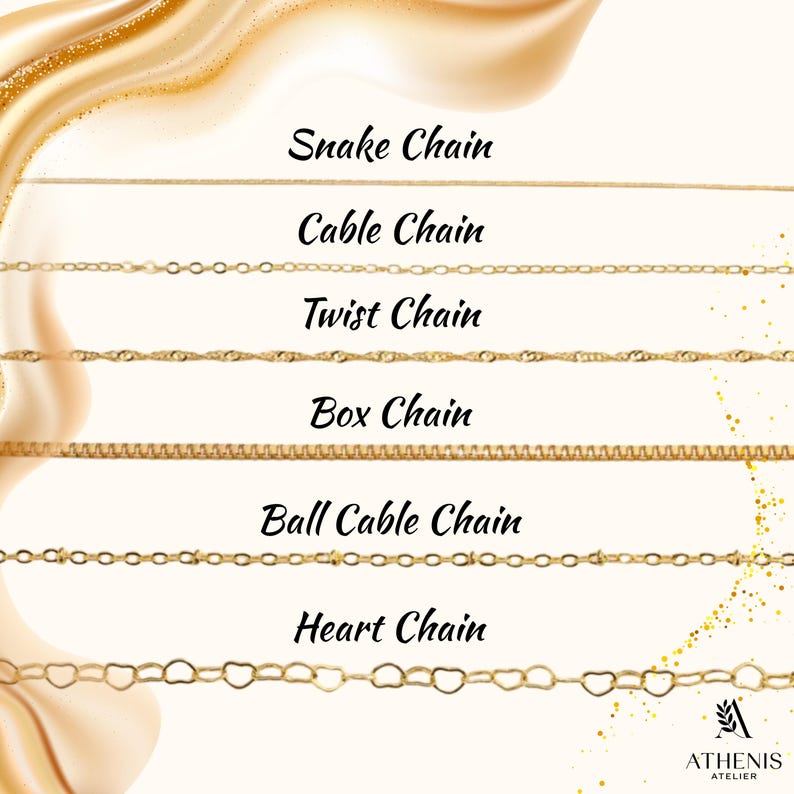 Puede incluir: Imagen que muestra varios estilos de cadenas de oro, incluyendo Snake, Cable, Twist, Box, Ball Cable y Heart chains. Las cadenas se exhiben sobre un fondo suave y neutro, con etiquetas de texto que identifican cada estilo. El logotipo de Athenis Atelier est&aacute; en la esquina inferior derecha.