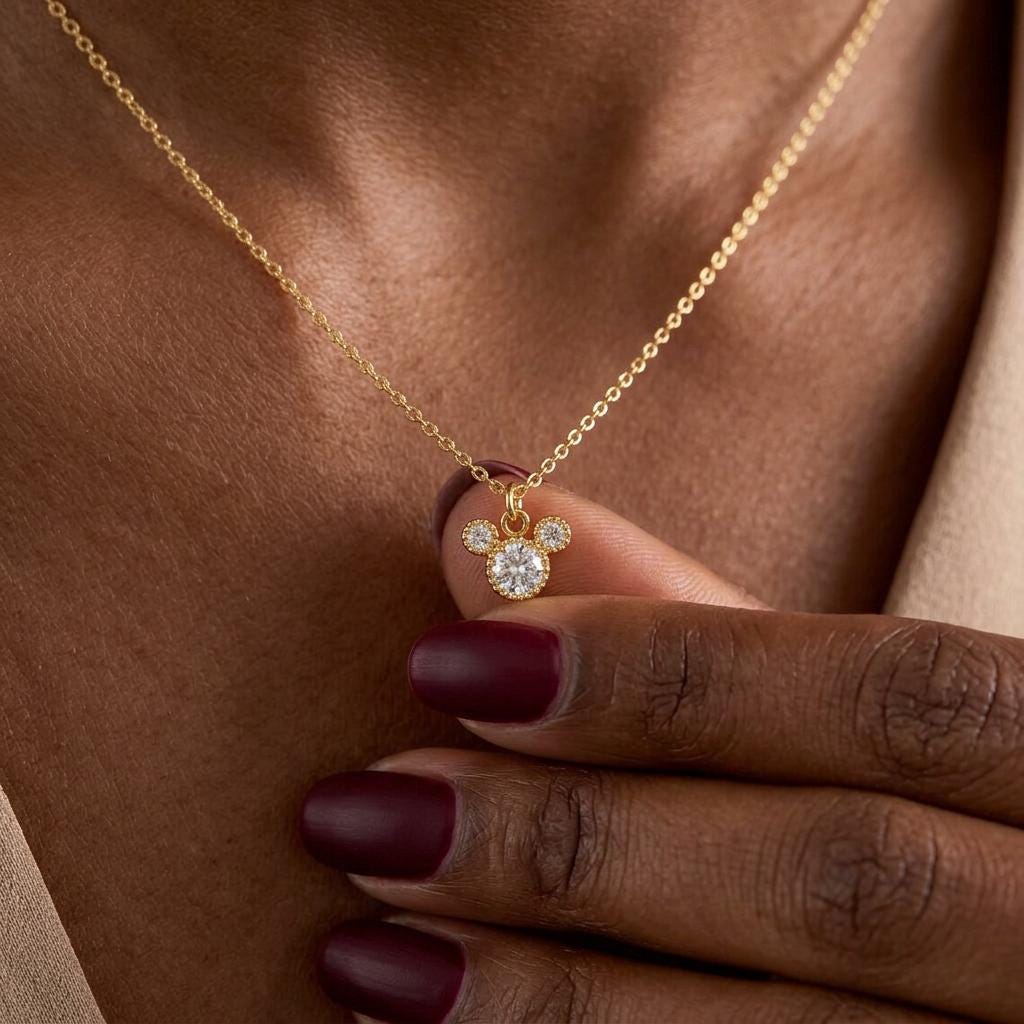 18k Gold Pave Mickey Mouse Necklace, Dainty Disney Pendant Necklace, Disney Jewelry, Birthday Gift, Minimalist Jewelry, Gift for Lover