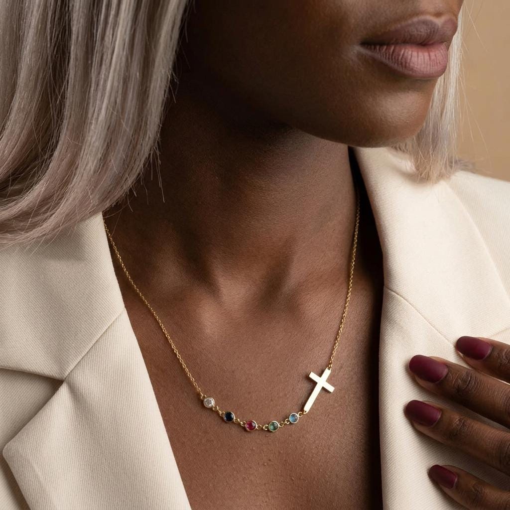 14k gold Birthstones Cross Necklace, Birthstones Mothers Day Gifts , Family Cross Necklace, Confirmation Gift For Grandma
