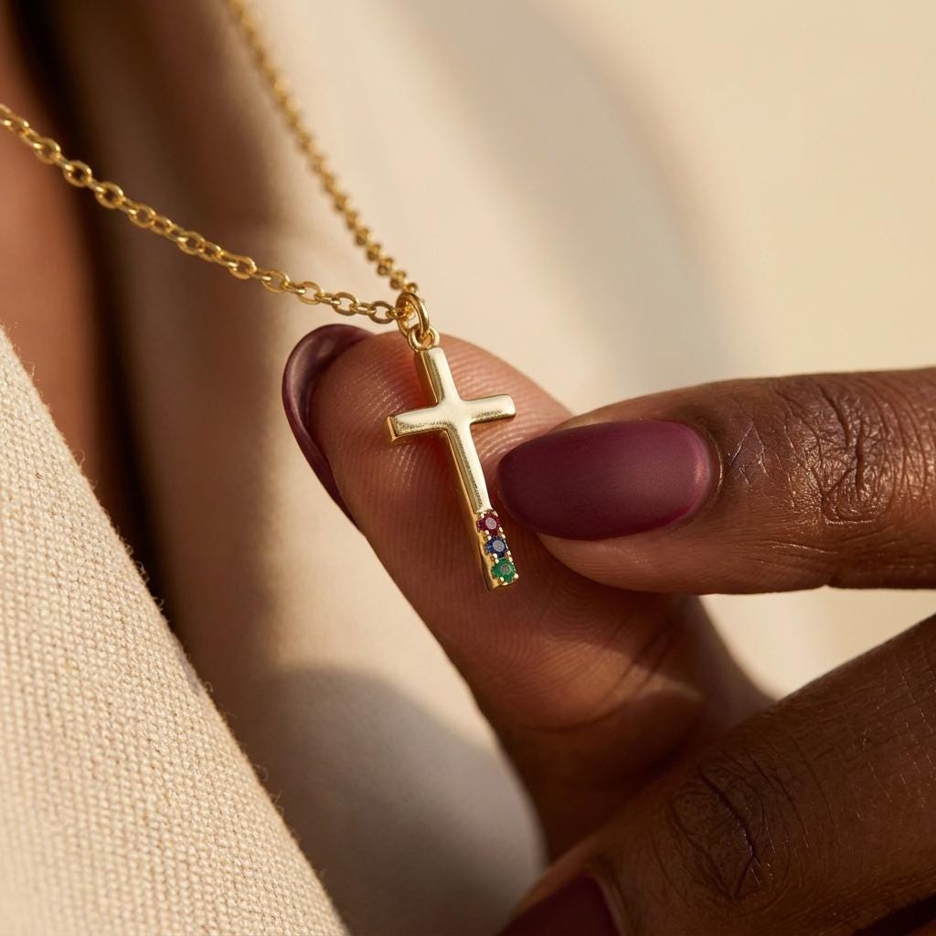 Personalized Birthstone Cross Necklace, Custom Cross Pendant Necklace, Family Cross Necklace, Mothers Day Gift, Baptism Gift, Gift for Mom