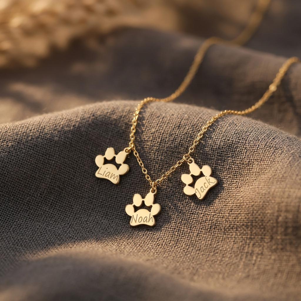 Sterling Silver Paw Print Name Necklace, Personalized Pet Paw Necklace, Dog Paw Jewelry, Cat Paw Necklace, Animal Lover Gift
