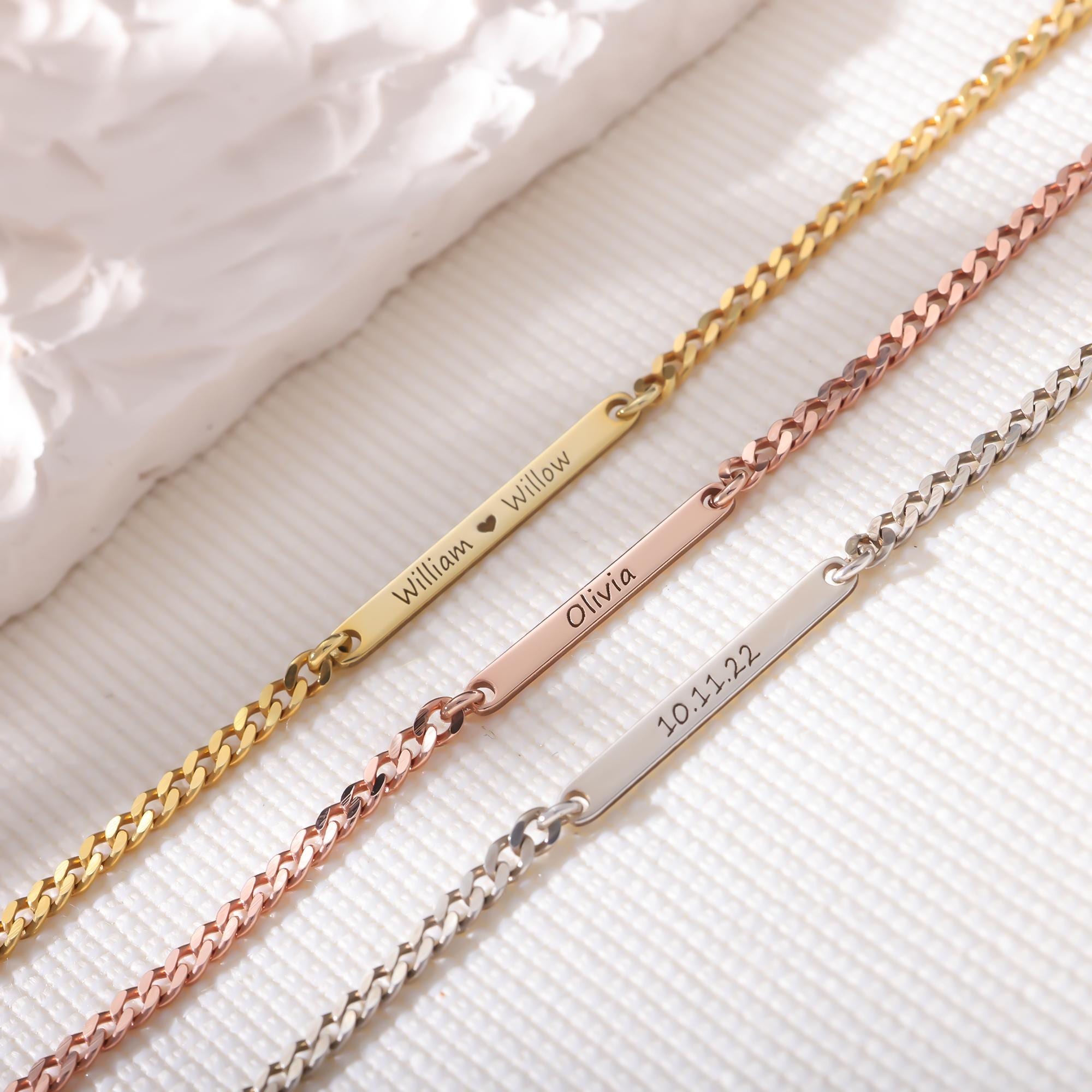 Custom Engraved Mini Bar Bracelet with Curb Chain, Dainty Name Stackable Jewelry, Mother’s Day Jewelry, Personalized Keepsake
