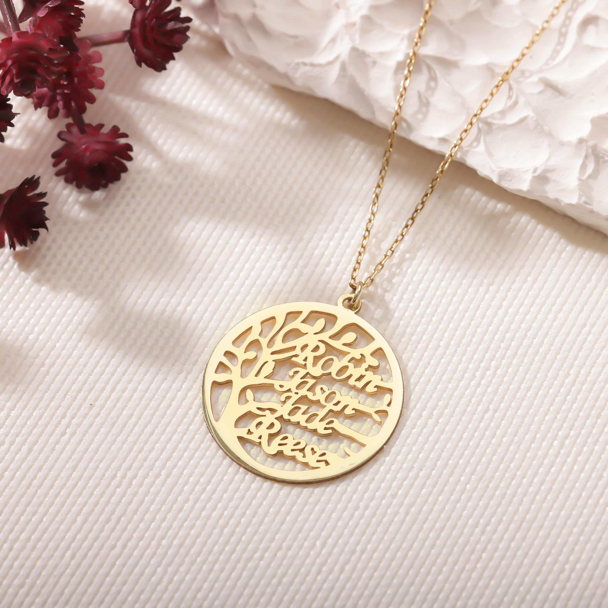 Personalized 14k Gold Tree of Life Necklace Silver Family Tree Necklace Family Name Necklace for Mum Name Layering Name Necklace