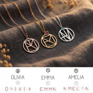 May include: Three personalized necklaces with geometric designs in rose gold, gold, and silver. Each pendant features a unique initial design within a circular frame. The necklaces are displayed on a gray fabric background.