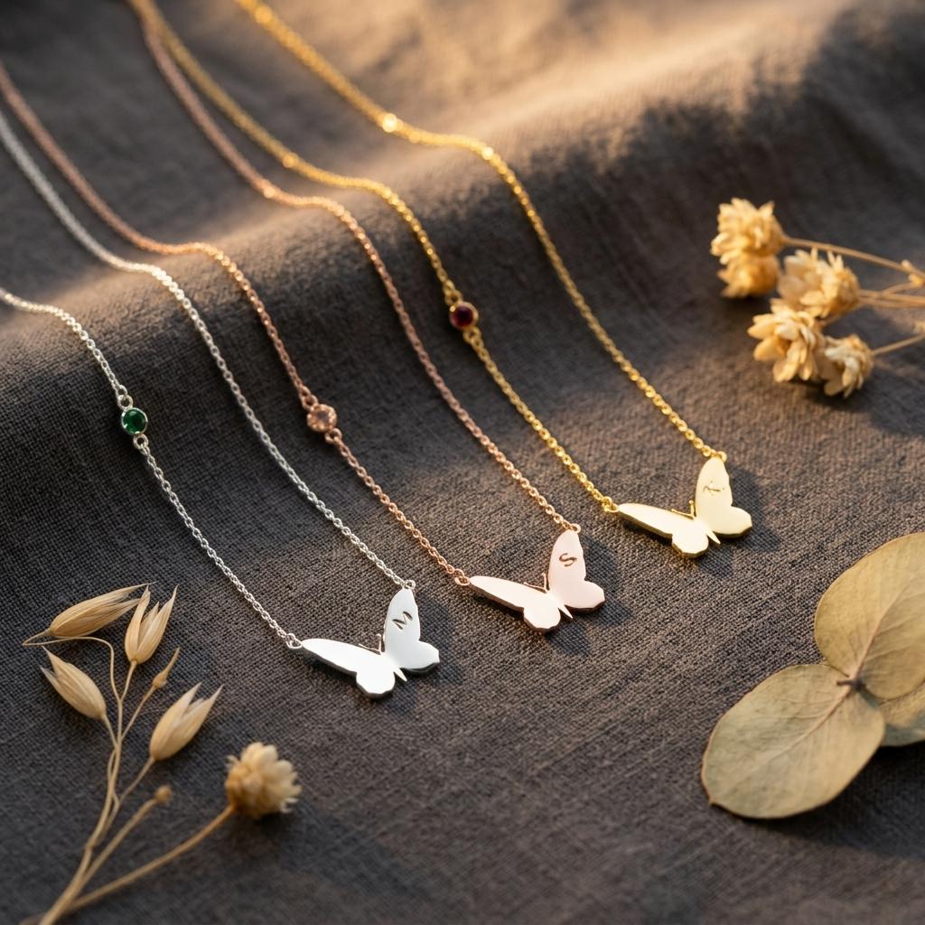 Dainty Gold Butterfly Necklace with Birthstone Custom Butterfly Necklace with Initial Butterfly Birthstone Necklace for Mom,Grandma