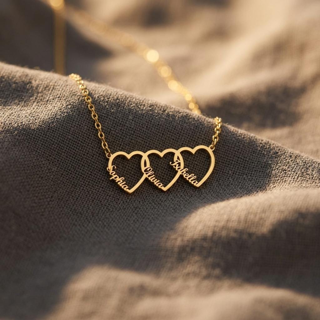 Family Name Necklace with Heart, Multiple Hearts Necklace, Kids Names Jewelry for Mom Gift for Wife, Gift for Grandma