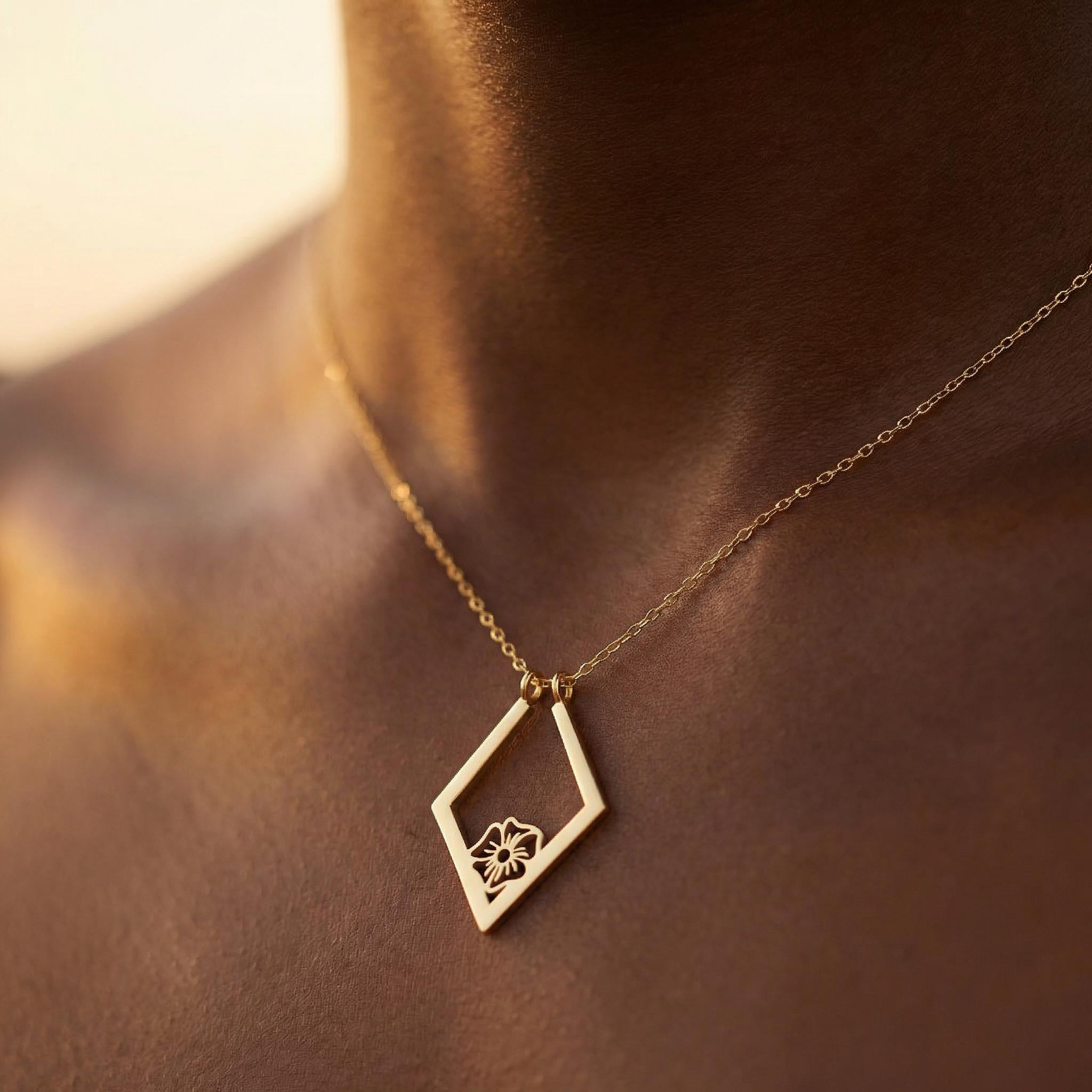 14K Gold Geometric Birth Flower Ring Keeper Necklace , Minimalist Ring Holder Pendant  Custom Birth Month Floral Charm, Mothers Day Gift