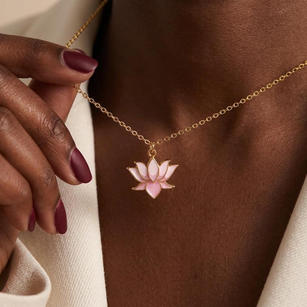 18k Gold Plated Enamel Lotus Flower Necklace, Flower of Life Necklace, Gold Lotus Necklace, , Everyday Necklace, Boho Jewelry for Yoga Lover