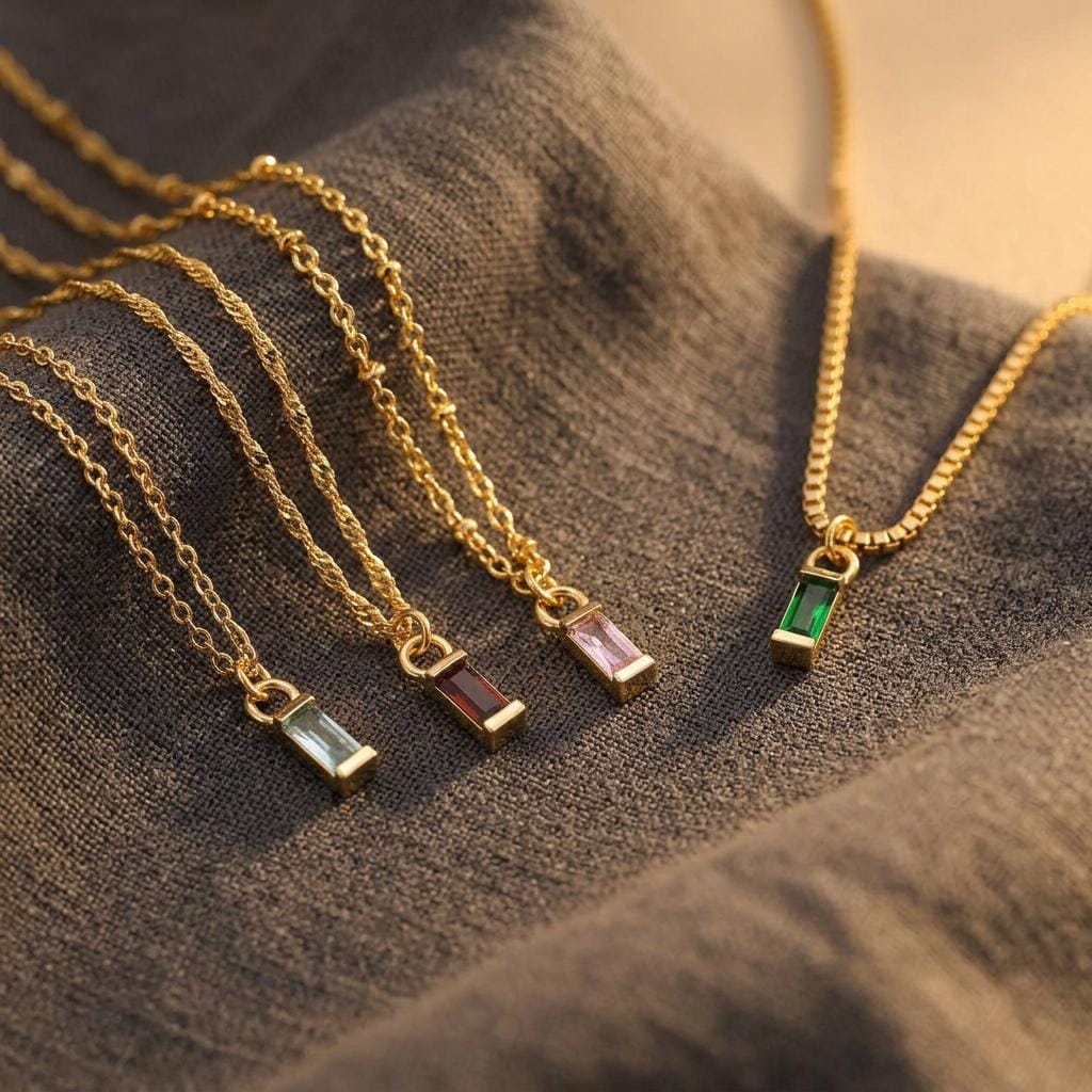 Personalized Baguette Birthstone Necklace, Birth Month Necklace for Women, Tiny Gold Pendant Jewelry, Minimal Bridesmaid Gift for Her