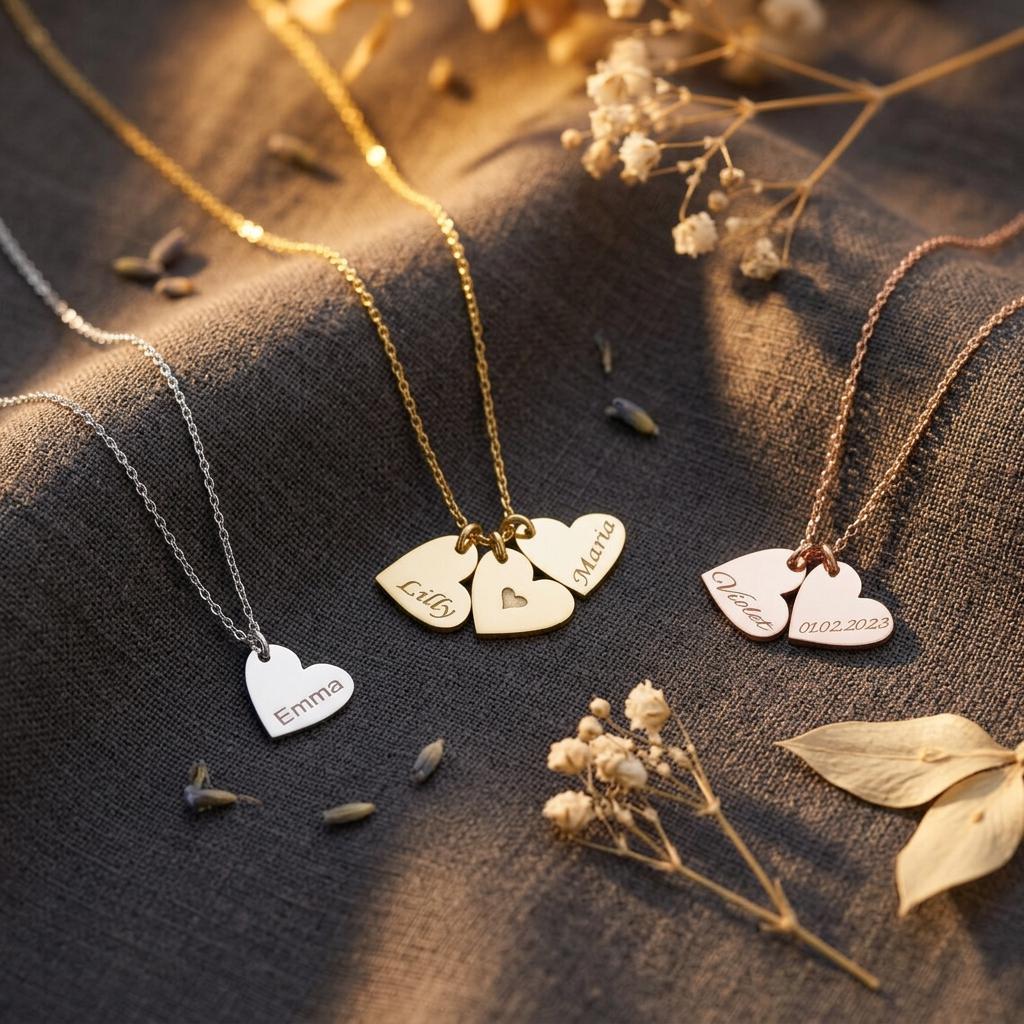 Personalized Multiple Heart Necklace: Engraved Sterling Silver Family Name Heart Pendants Gift For Mom,Grandma