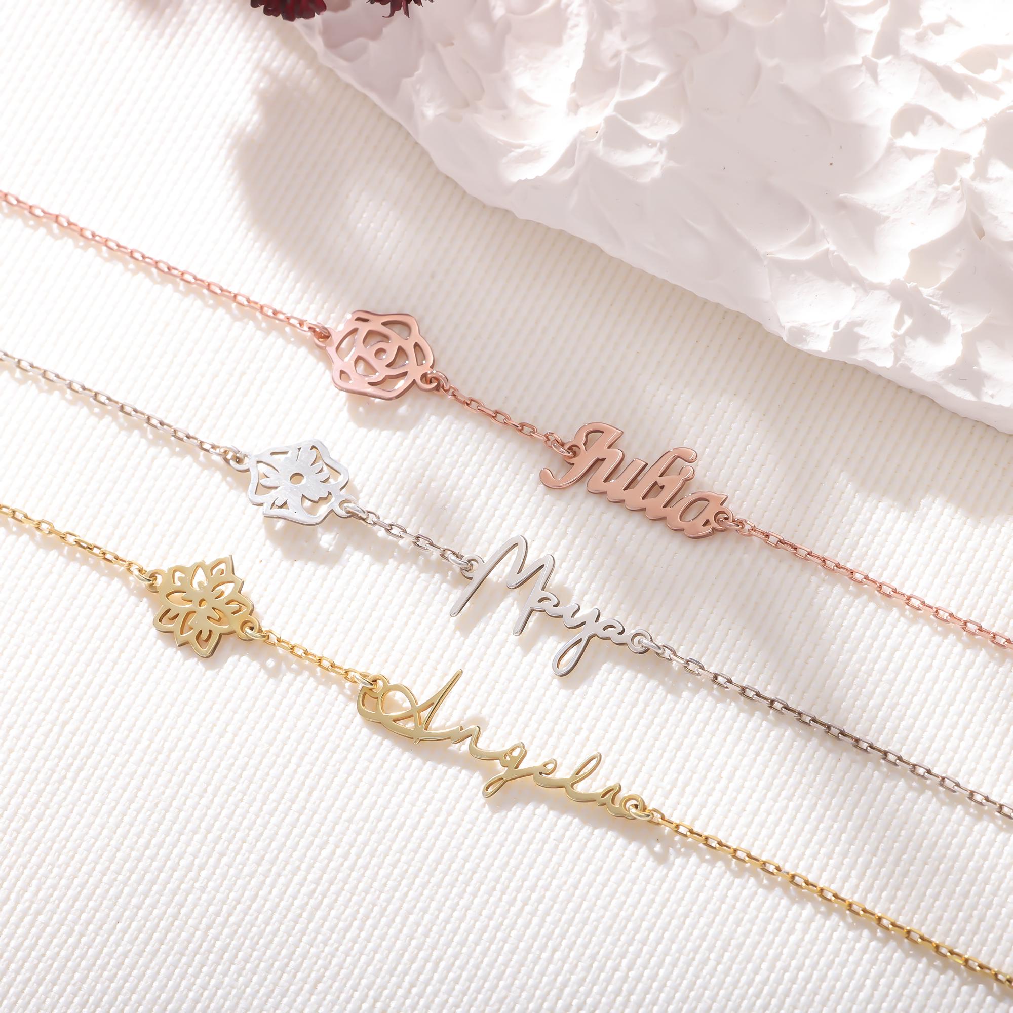 Dainty Birth Flower Name Bracelet Sterling Silver Name Bracelet with Birthflower Name Bracelet Personalized Mothers Day Gift for Grandma