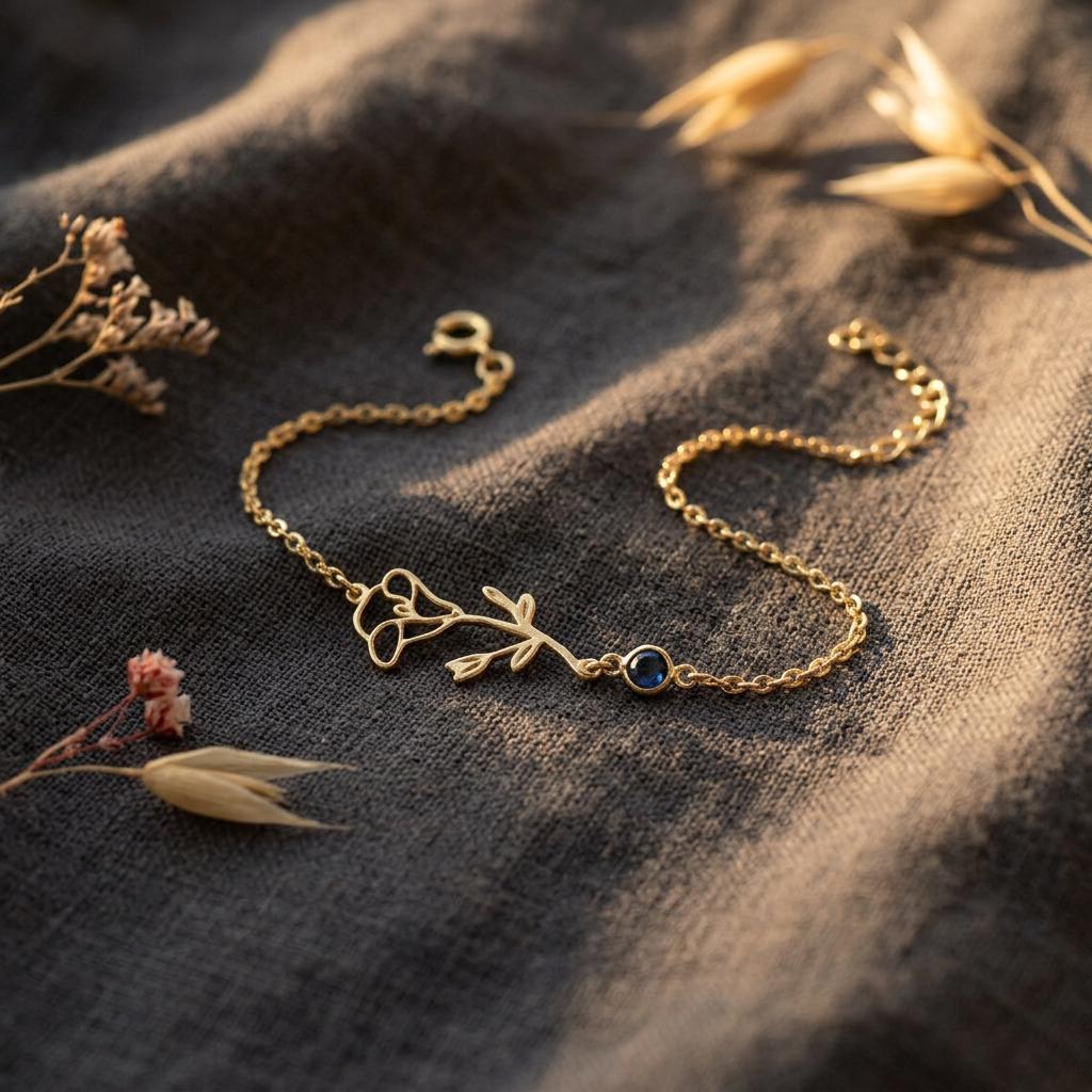 14K Gold Personalized Birth Flower Bracelet with Custom Birthstone Charm Tiny Charm Floral Bracelet Gift fo Mum, Nana
